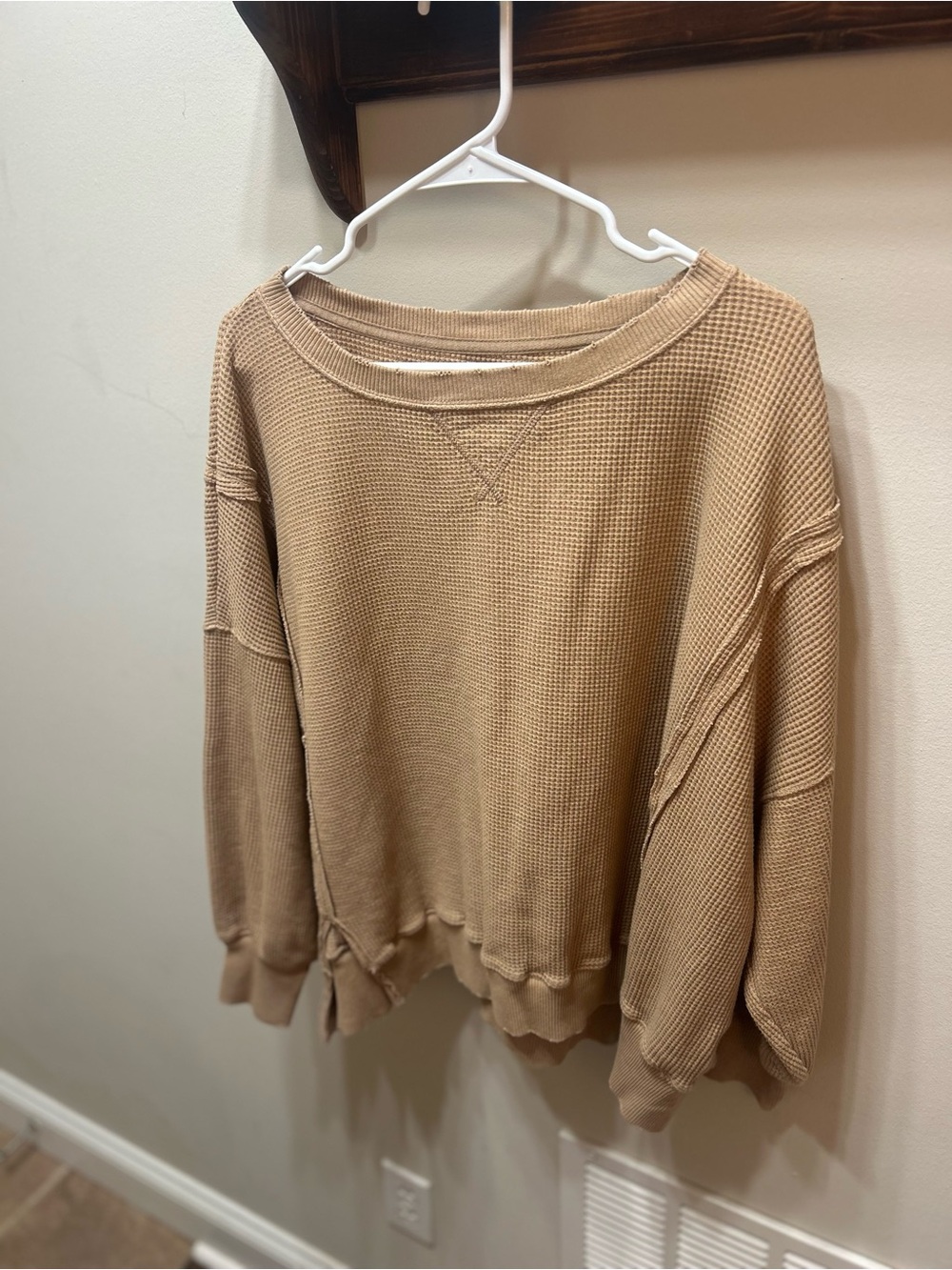 American Eagle Outfitters Tan Waffle-Knit Crewneck Sweater
